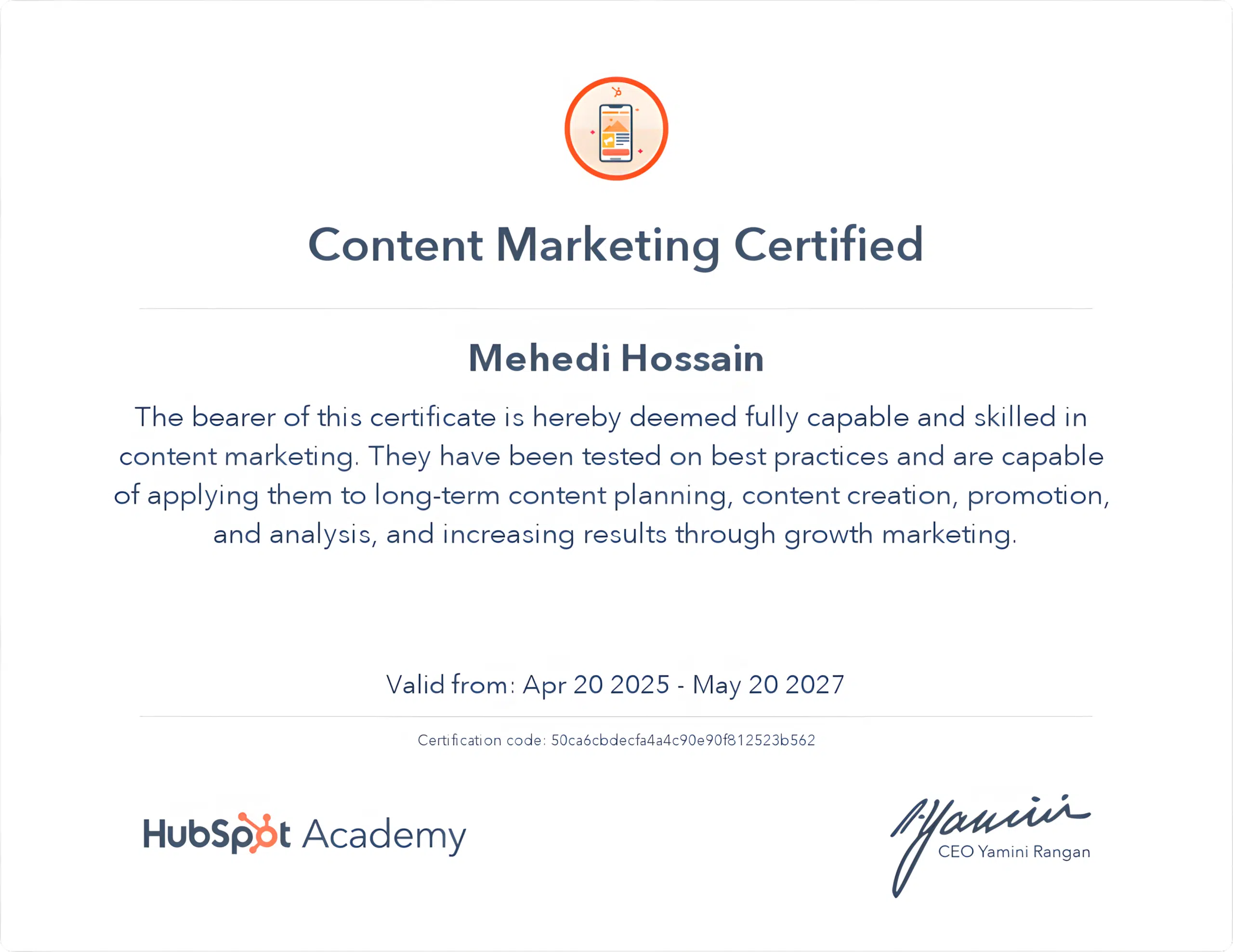 HubSpot Content Marketing Certification earned by Mehedi Hossain