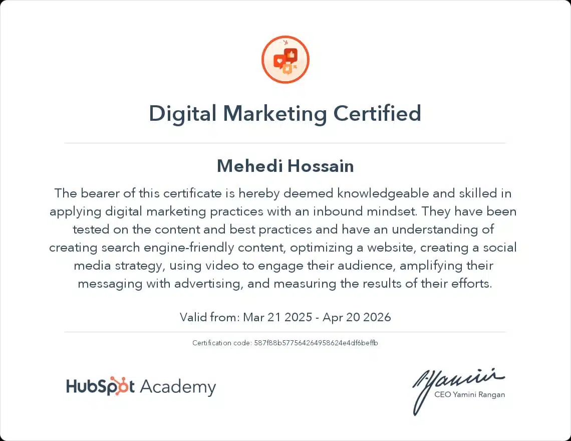 HubSpot Digital Marketing Certification earned by Mehedi Hossain