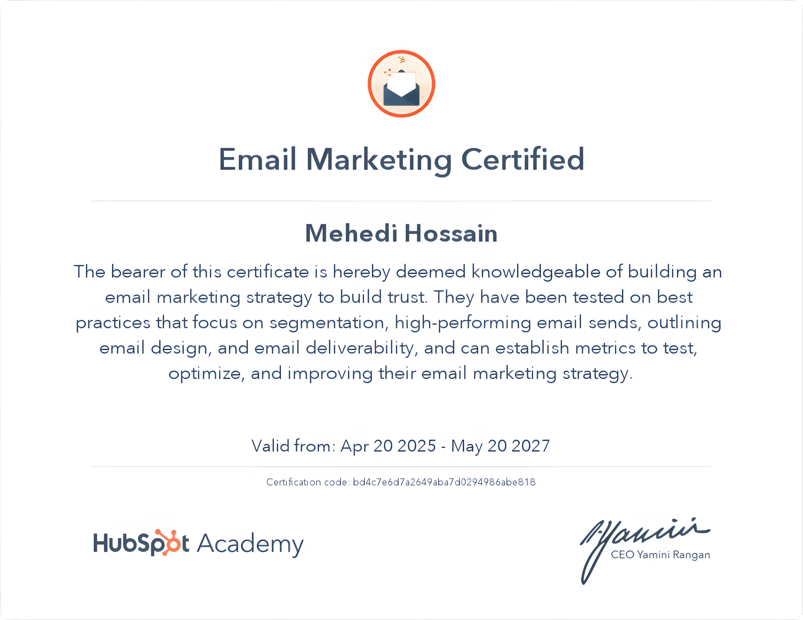 HubSpot Email Marketing Certification earned by Mehedi Hossain
