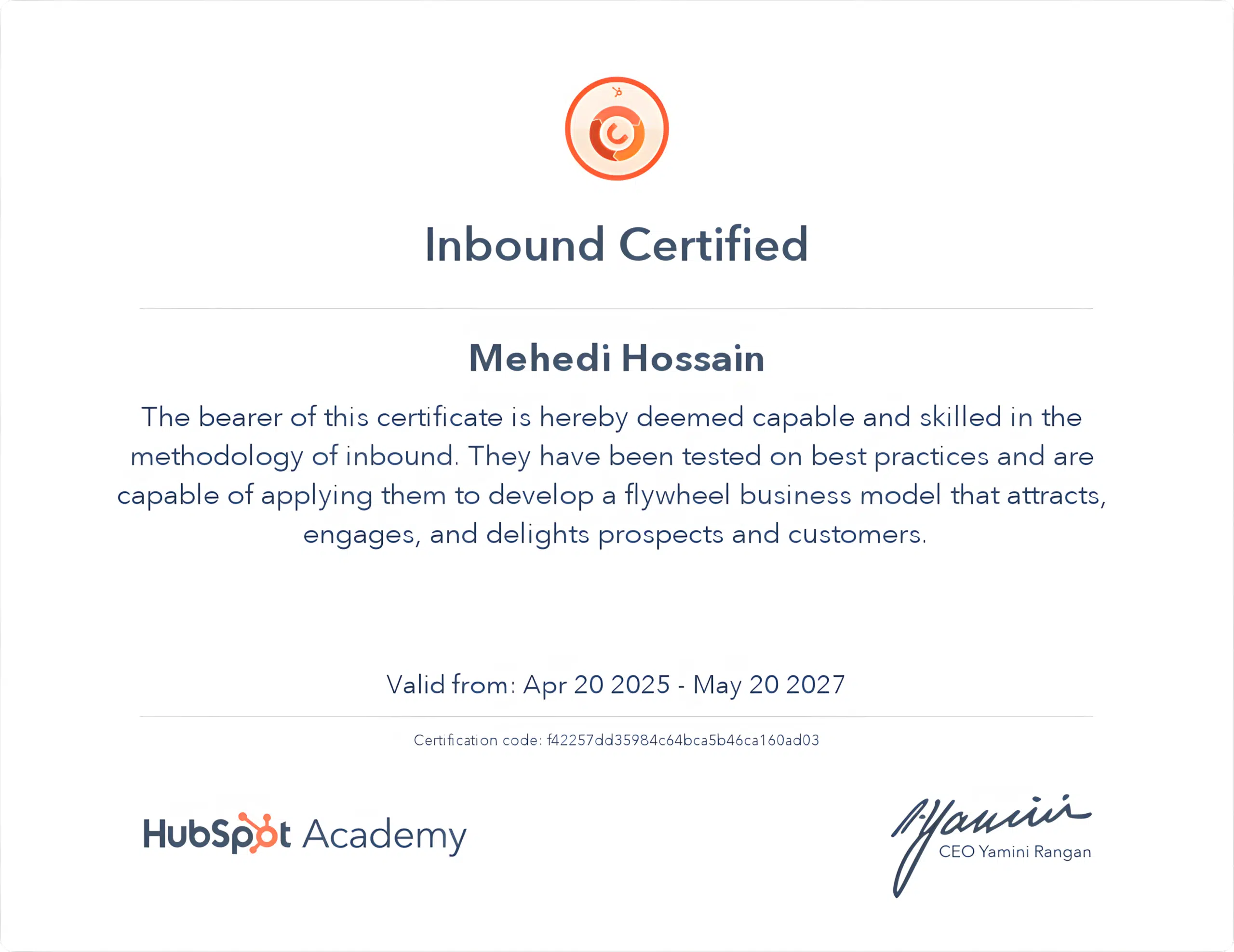 HubSpot Inbound Certification earned by Mehedi Hossain