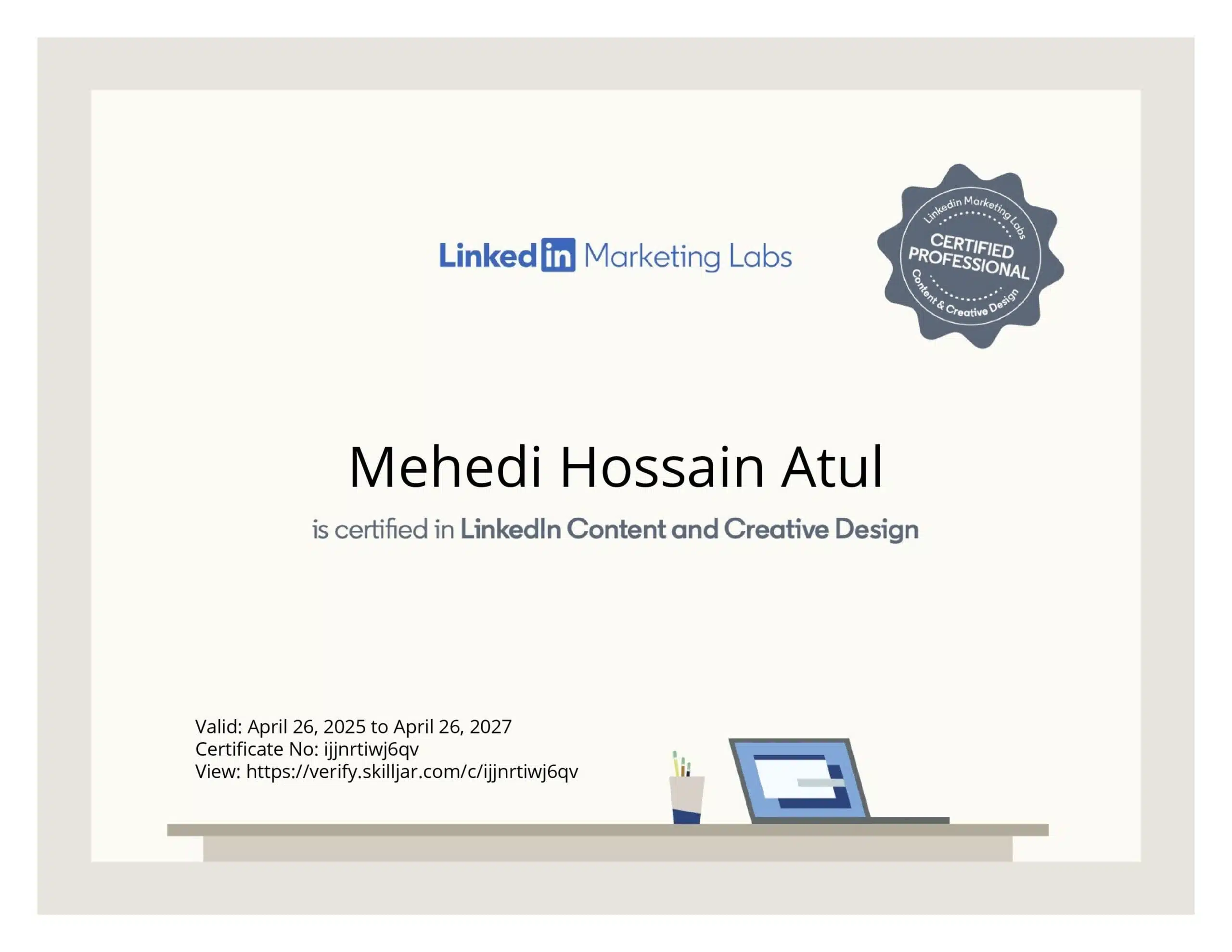 LinkedIn Content and Creative Design Certification earned by Mehedi Hossain