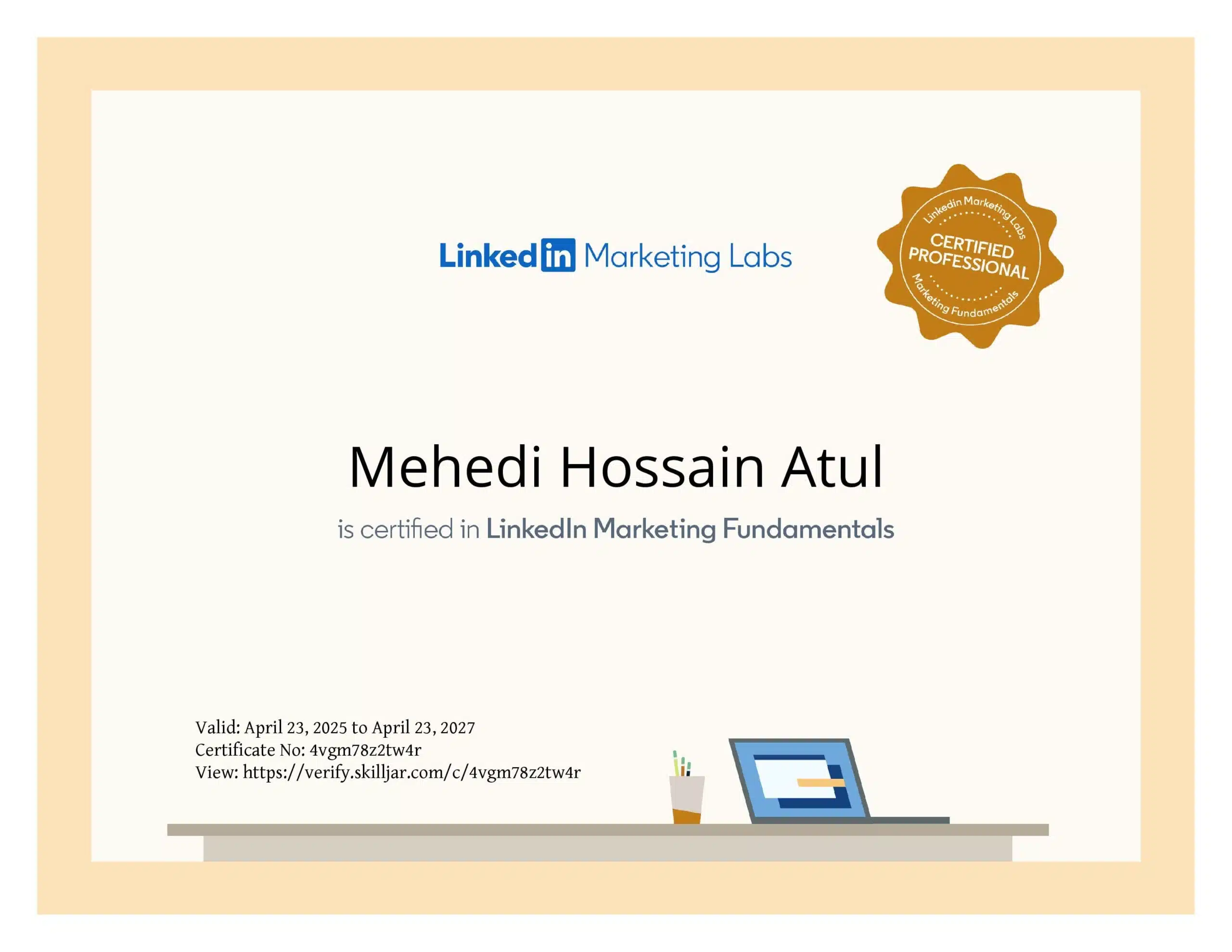LinkedIn Marketing Fundamentals Certification earned by Mehedi Hossain