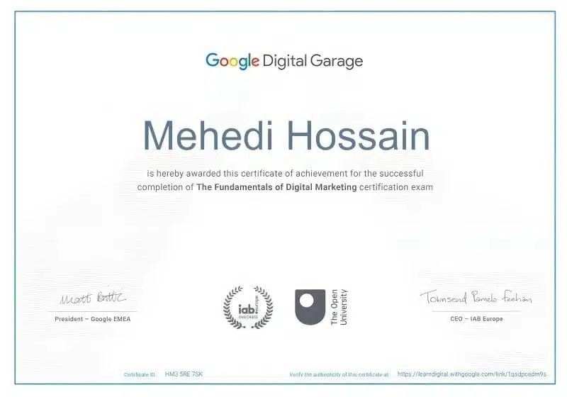 Google Digital Garage Fundamentals of Digital Marketing Certificate earned by Mehedi Hossain