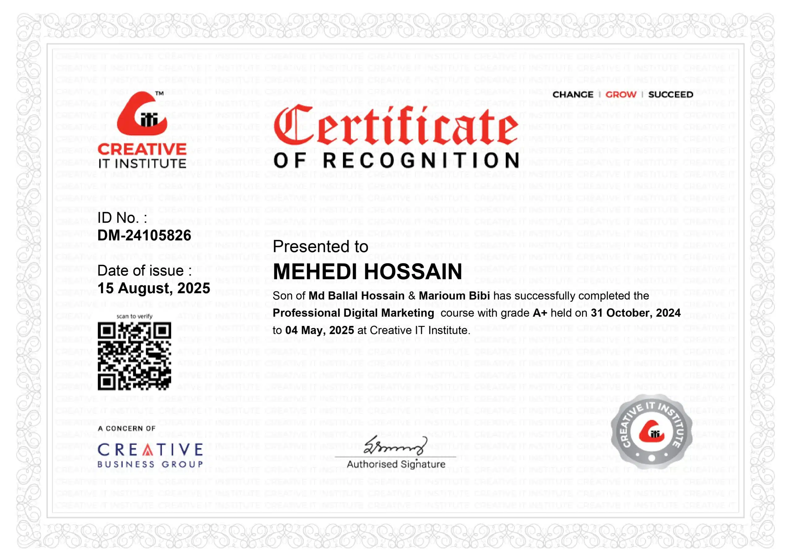 Professional Digital Marketing Certificate from Creative IT Institute earned by Mehedi Hossain