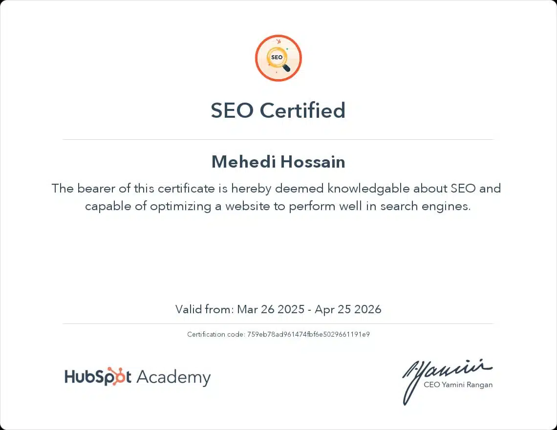 HubSpot SEO Certification earned by Mehedi Hossain