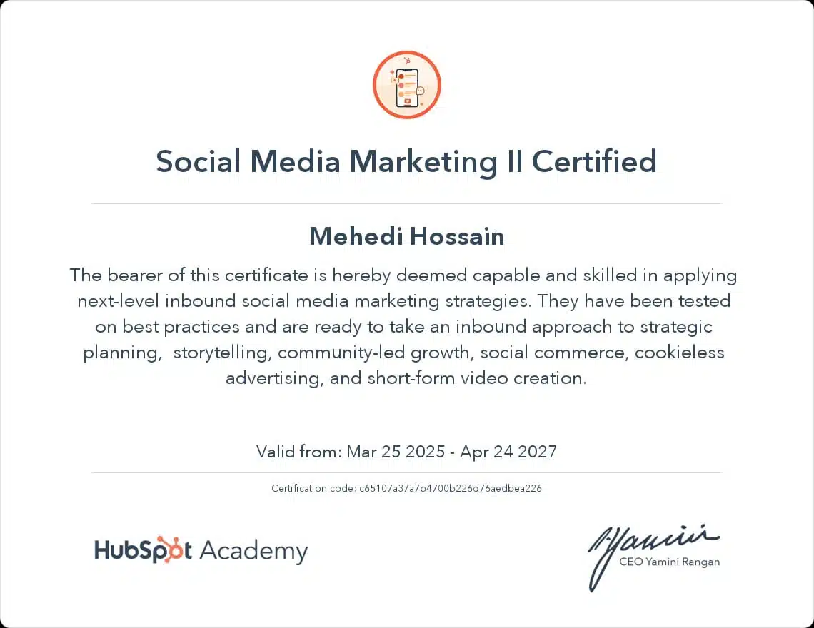 HubSpot Social Media Marketing II Certification earned by Mehedi