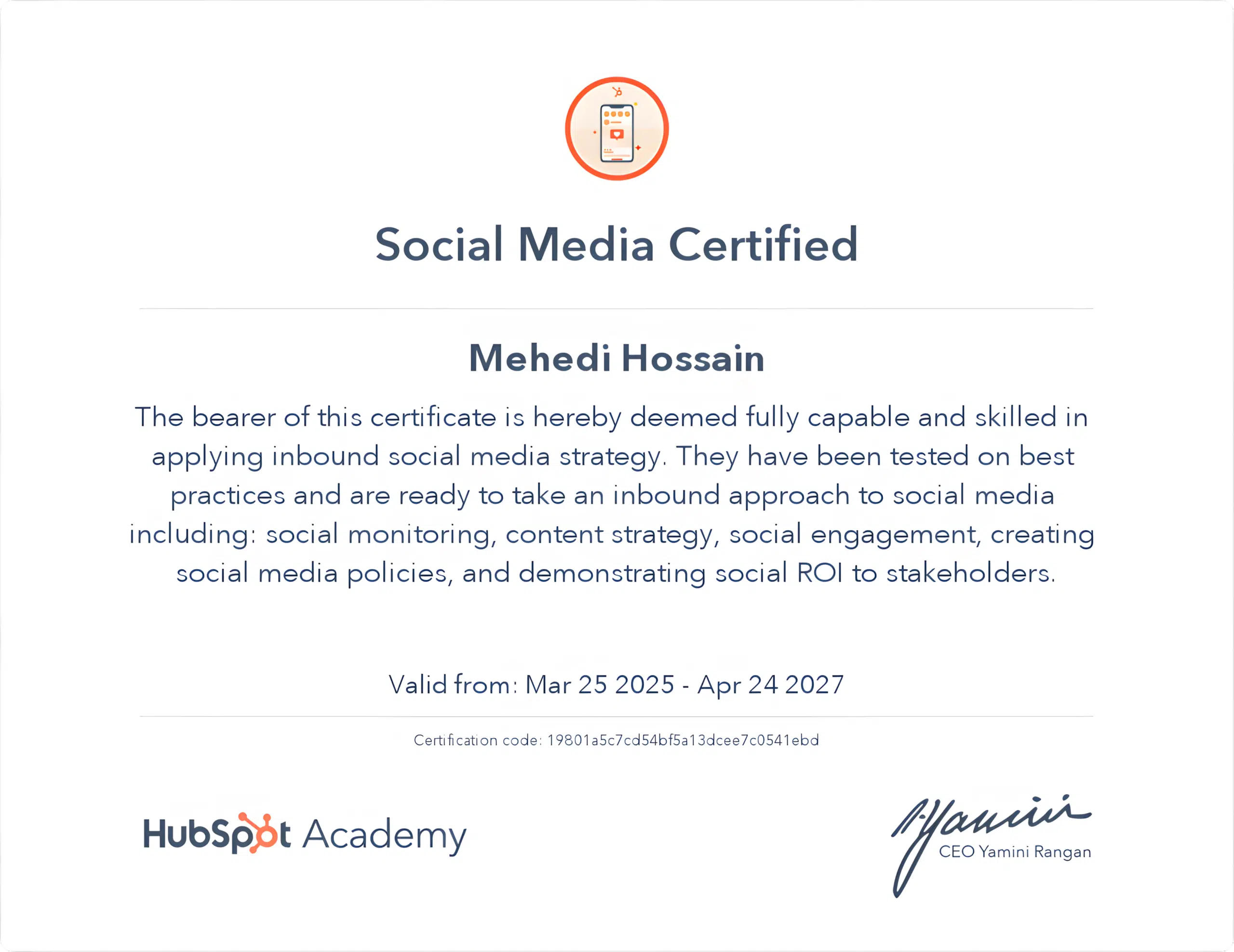 HubSpot Social Media Certification earned by Mehedi Hossain