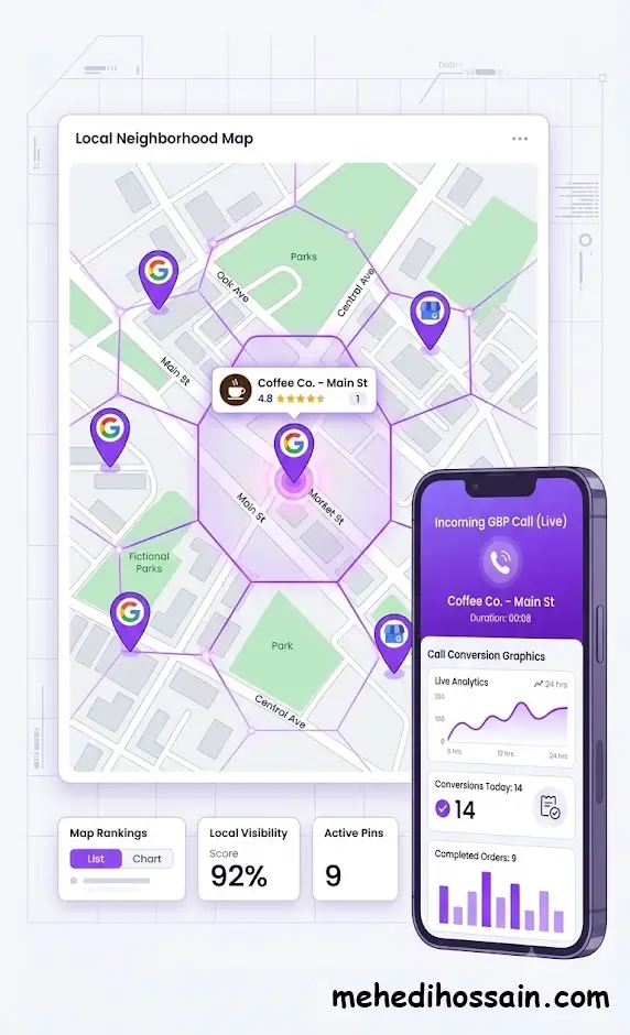 Mehedi Hossain measuring local SEO performance through call tracking, geo-grid data, and lead attribution