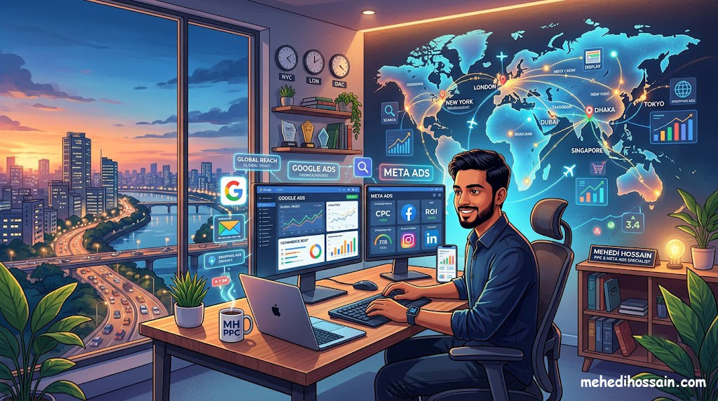 Mehedi Hossain, PPC advertising services specialist managing Google Ads and Meta Ads campaigns for global clients