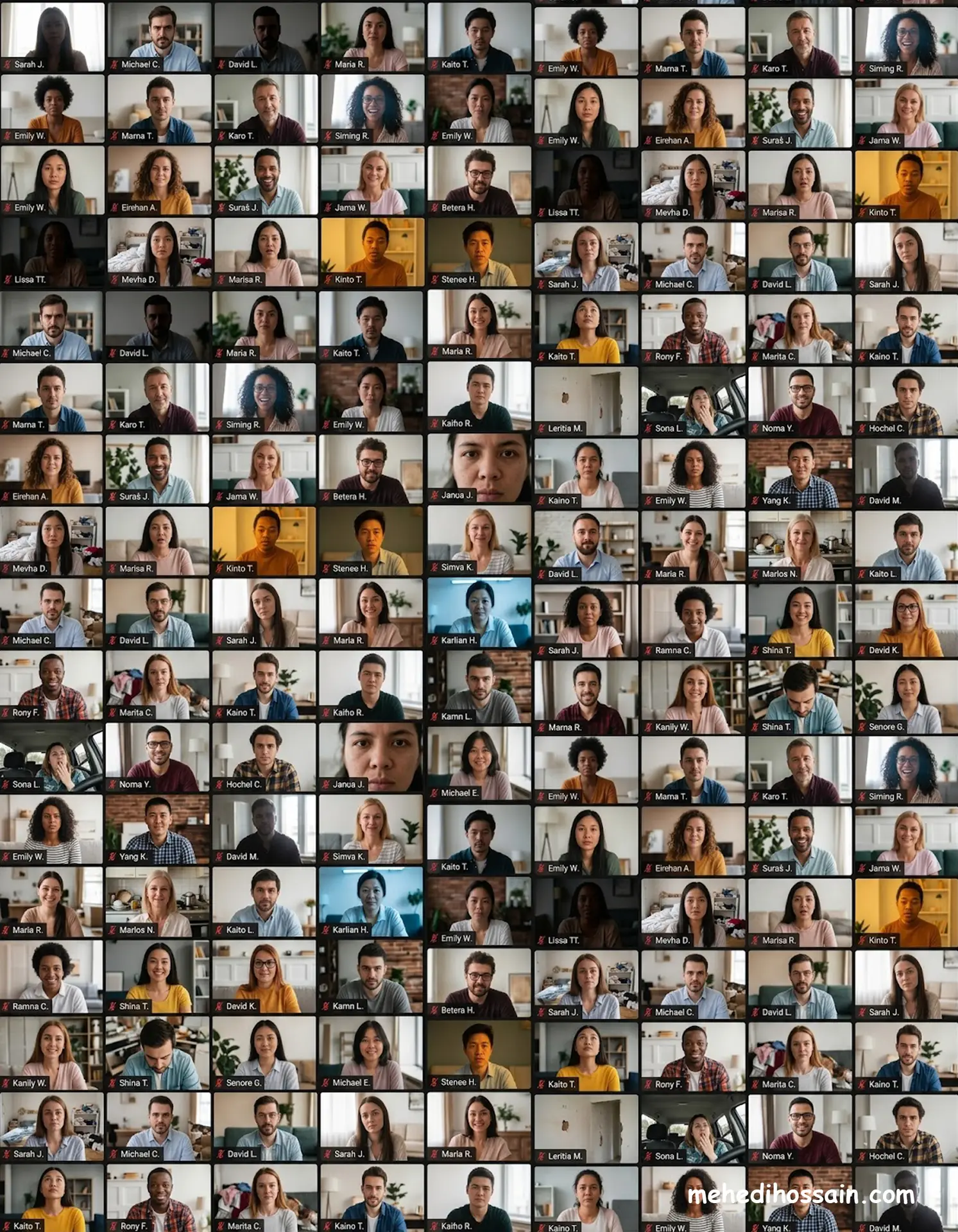 A large video call grid displaying dozens of diverse individuals in highly realistic, everyday settings. Unlike a staged stock photo, the participants feature varied and sometimes poor lighting, unconventional or messy backgrounds including a car interior and cluttered rooms, and a mix of camera angles ranging from extreme close-ups to off-center framing.