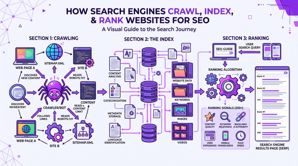 Diagram showing how search engines crawl, index, and rank websites for SEO in 2026