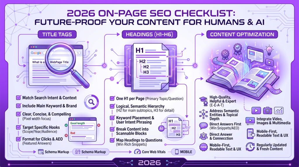 On-page SEO checklist showing key optimization elements including title tags, headings, and content for 2026