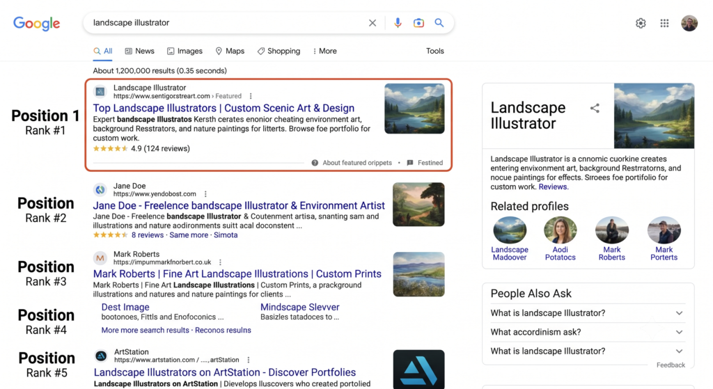 Example of a search engine results page showing SEO ranking positions in 2026