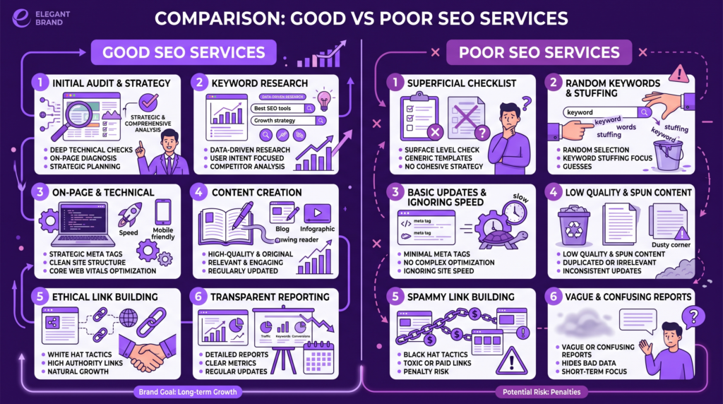 Comparison showing what good SEO services include versus poor SEO services in 2026