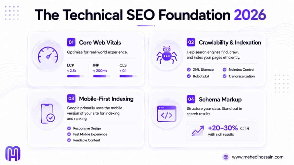 A purple and white infographic titled "The Technical SEO Foundation 2026" detailing four key pillars. Section 01 is Core Web Vitals, noting LCP < 2.5s, INP < 200ms, and CLS < 0.1. Section 02 is Crawlability & Indexation, listing XML Sitemap, Robots.txt, Noindex Control, and Canonicalization. Section 03 is Mobile-First Indexing, highlighting Responsive Design, Fast Mobile Experience, and Readable Content. Section 04 is Schema Markup, noting a +20-30% CTR with rich results. The design includes 3D icons for each section, the MH logo in the bottom left, and the www.mehedihossain.com web address in the bottom right.