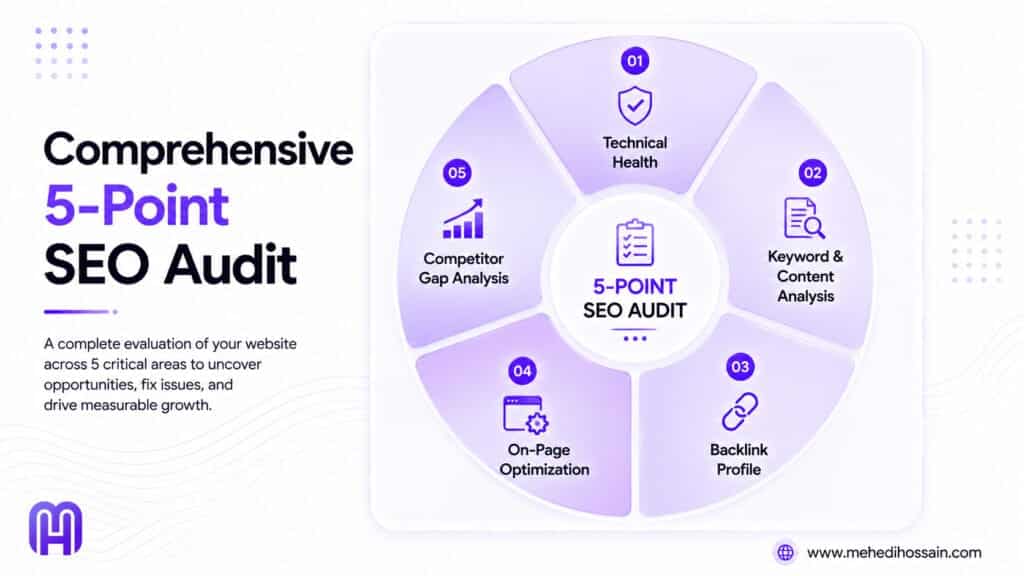 A purple and white circular infographic titled "Comprehensive 5-Point SEO Audit." It features a central hub surrounded by five numbered segments detailing the audit areas: 01 Technical Health, 02 Keyword & Content Analysis, 03 Backlink Profile, 04 On-Page Optimization, and 05 Competitor Gap Analysis. Descriptive text on the left explains it is a "complete evaluation of your website across 5 critical areas to uncover opportunities, fix issues, and drive measurable growth." The design includes the MH logo in the bottom left and the www.mehedihossain.com web address in the bottom right.