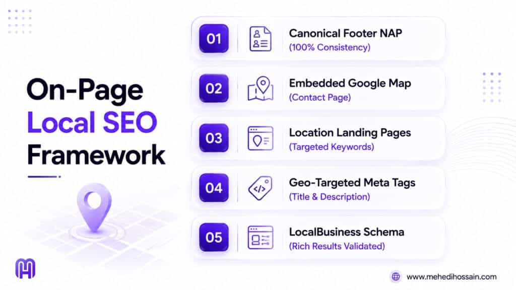 A 5-step infographic outlining an On-Page Local SEO Framework. The steps include Canonical Footer NAP, Embedded Google Map, Location Landing Pages, Geo-Targeted Meta Tags, and LocalBusiness Schema.