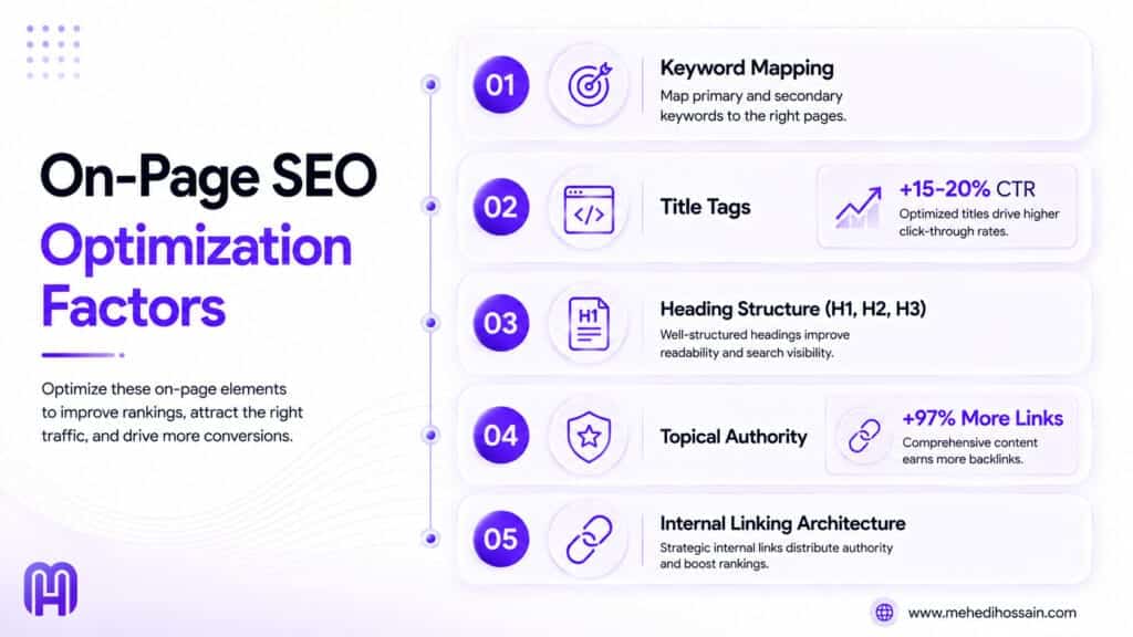 A purple and white infographic titled "On-Page SEO Optimization Factors." It lists five elements to optimize for rankings, traffic, and conversions: 01 Keyword Mapping, 02 Title Tags (noting a +15-20% CTR increase), 03 Heading Structure (H1, H2, H3), 04 Topical Authority (noting +97% More Links for comprehensive content), and 05 Internal Linking Architecture. The design includes 3D icons for each section, the MH logo in the bottom left corner, and the www.mehedihossain.com web address in the bottom right.