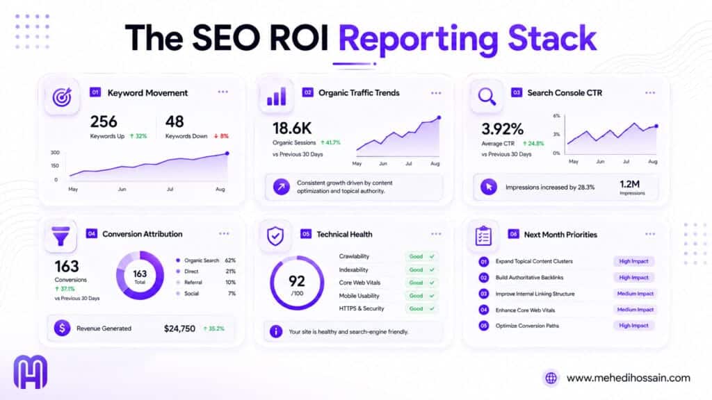A purple and white dashboard-style graphic titled "The SEO ROI Reporting Stack." It features six data widgets: 01 Keyword Movement showing an upward trend; 02 Organic Traffic Trends displaying 18.6K sessions; 03 Search Console CTR at 3.92%; 04 Conversion Attribution highlighting 163 total conversions and $24,750 in revenue; 05 Technical Health showing a 92 out of 100 score; and 06 Next Month Priorities listing strategic tasks like expanding topical content clusters. The design includes the MH logo in the bottom left and the www.mehedihossain.com web address in the bottom right.