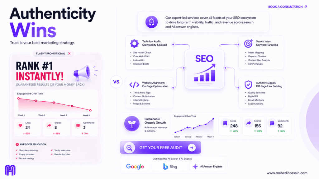 A split-screen, SaaS-style infographic on a matte white background with dark charcoal typography and soft purple gradients. The headline reads "Authenticity Wins," with the subheadline "Trust is your best marketing strategy." The left side shows a glassmorphic card with flashy promotional text and a declining engagement chart. The right side features a highly detailed, educational SEO ecosystem built with rounded glassmorphic cards. A central "SEO" hub connects to four surrounding cards: Technical Audit, Search Intent, Website Alignment, and Authority Signals. This section includes an upward-trending chart for saves and shares, a "GET YOUR FREE AUDIT" button, and logos for Google, Bing, and AI Answer Engines. The MH logo is in the bottom left, and www.mehedihossain.com is in the bottom right.