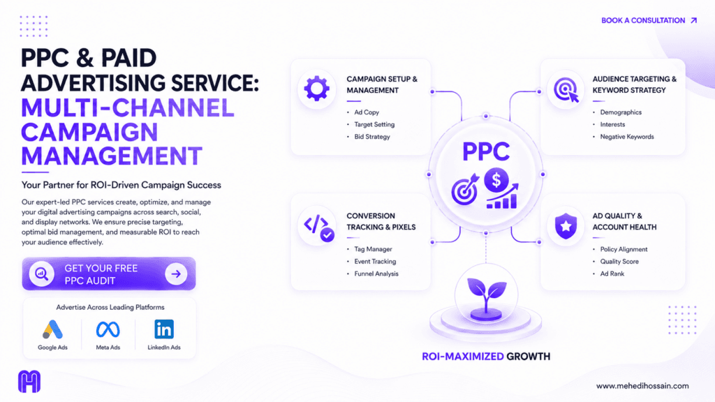 A premium, SaaS-style landscape infographic on a matte white background with dark charcoal typography and soft purple gradients. The headline reads "PPC & PAID ADVERTISING SERVICE: MULTI-CHANNEL CAMPAIGN MANAGEMENT," with the subheadline "Your Partner for ROI-Driven Campaign Success." The left side features a text block explaining expert-led PPC services, a glassmorphic "GET YOUR FREE PPC AUDIT" button, and logos for Google Ads, Meta Ads, and LinkedIn Ads. The right side displays a detailed PPC ecosystem diagram built with rounded glassmorphic cards. A central "PPC" hub with target and currency icons connects to four surrounding cards: Campaign Setup & Management, Audience Targeting & Keyword Strategy, Conversion Tracking & Pixels, and Ad Quality & Account Health. Below the diagram is a small sprout icon labeled "ROI-Maximized Growth." The MH logo is in the bottom left corner, and the website www.mehedihossain.com is in the bottom right.