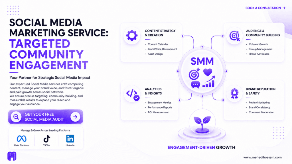 A premium, SaaS-style landscape infographic on a matte white background with dark charcoal typography and soft purple gradients. The headline reads "SOCIAL MEDIA MARKETING SERVICE: TARGETED COMMUNITY ENGAGEMENT," with the subheadline "Your Partner for Strategic Social Media Impact." The left side features a text block explaining expert-led social media services, a glassmorphic "GET YOUR FREE SOCIAL MEDIA AUDIT" button, and logos for Meta Platforms, TikTok, and LinkedIn. The right side displays a detailed SMM ecosystem diagram built with rounded glassmorphic cards. A central "SMM" hub with target, heart, and growth icons connects to four surrounding cards: Content Strategy & Creation, Audience & Community Building, Analytics & Insights, and Brand Reputation & Safety. Below the diagram is a small sprout icon labeled "Engagement-Driven Growth." The MH logo is in the bottom left corner, and the website www.mehedihossain.com is in the bottom right.