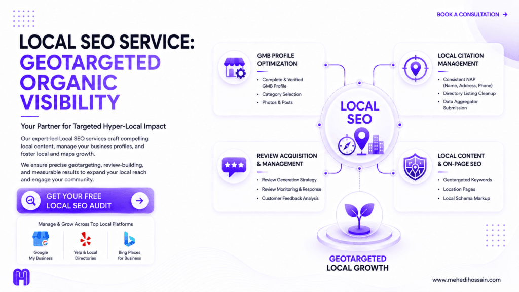 A premium, SaaS-style landscape infographic on a matte white background with dark charcoal typography and soft purple gradients. The headline reads "LOCAL SEO SERVICE: GEOTARGETED ORGANIC VISIBILITY," with the subheadline "Your Partner for Targeted Hyper-Local Impact." The left side features a text block explaining expert-led Local SEO services, a glassmorphic "GET YOUR FREE LOCAL SEO AUDIT" button, and logos for Google My Business, Yelp & Local Directories, and Bing Places for Business. The right side displays a detailed Local SEO ecosystem diagram built with rounded glassmorphic cards. A central "LOCAL SEO" hub featuring a compass, map pin, and city buildings connects to four surrounding cards: GMB Profile Optimization, Local Citation Management, Review Acquisition & Management, and Local Content & On-Page SEO. Below the diagram is a small sprout icon labeled "Geotargeted Local Growth." The MH logo is in the bottom left corner, and the website www.mehedihossain.com is in the bottom right.