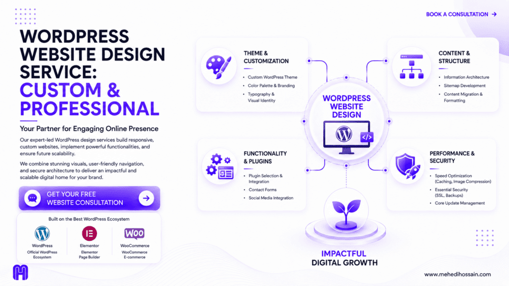 A premium, SaaS-style landscape infographic on a matte white background with dark charcoal typography and soft purple gradients. The headline reads "WORDPRESS WEBSITE DESIGN SERVICE: CUSTOM & PROFESSIONAL," with the subheadline "Your Partner for Engaging Online Presence." The left side features a text block explaining expert-led WordPress design services, a glassmorphic "GET YOUR FREE WEBSITE CONSULTATION" button, and logos for the Official WordPress Ecosystem, Elementor Page Builder, and WooCommerce E-commerce. The right side displays a detailed WordPress design ecosystem diagram built with rounded glassmorphic cards. A central "WORDPRESS WEBSITE DESIGN" hub featuring a desktop monitor and the WordPress logo connects to four surrounding cards: Theme & Customization, Content & Structure, Functionality & Plugins, and Performance & Security. Below the diagram is a small sprout icon labeled "Impactful Digital Growth." The MH logo is in the bottom left corner, and the website www.mehedihossain.com is in the bottom right.