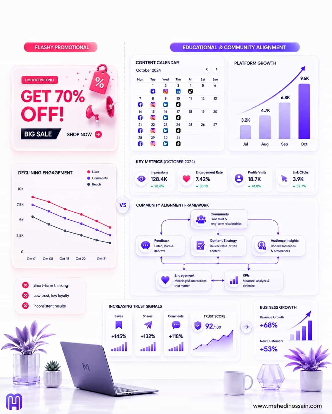 A split-screen, SaaS-style infographic on a matte white background with dark charcoal typography and soft purple gradients. The headline reads "Authenticity Wins," with the subheadline "Trust is your best marketing strategy." The left side features glassmorphic cards showing a flashy promotional post and a declining engagement chart. The right side displays a detailed Social Media Strategy Hub built with rounded glassmorphic cards. This section includes a content calendar, a platform growth chart, key metrics, a community alignment flowchart, and upward-trending charts for saves, shares, comments, and business growth. A minimalist glassmorphic desk with a laptop and plants sits near the bottom. The MH logo is in the bottom left corner, and the website www.mehedihossain.com is in the bottom right.