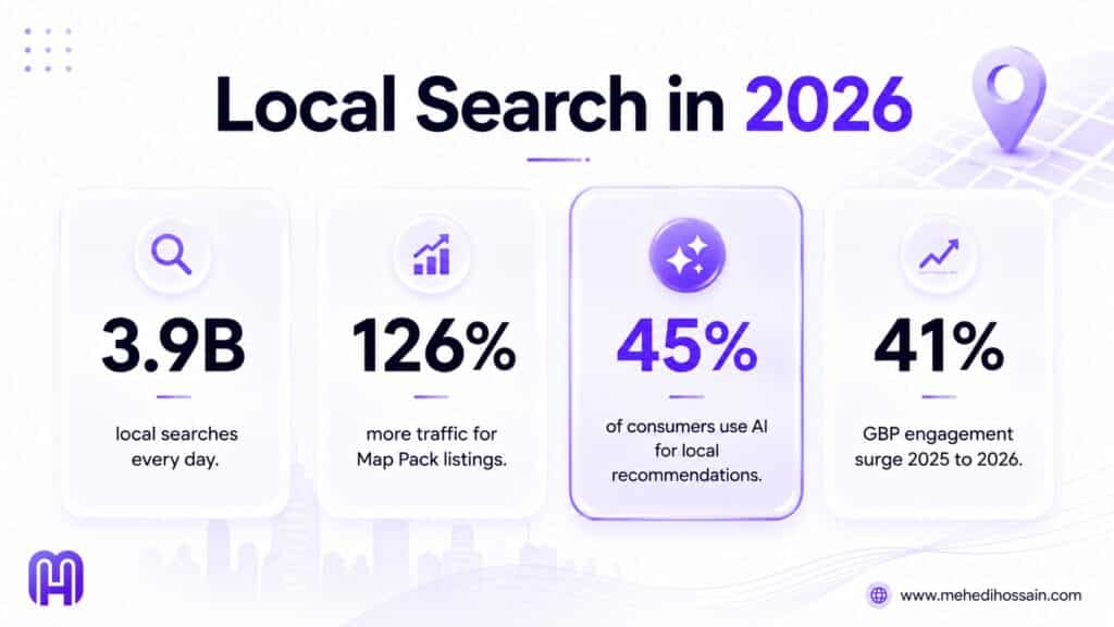 Local SEO statistics 2026 showing Google Maps pack click advantages GBP engagement surge and AI local search behavior data