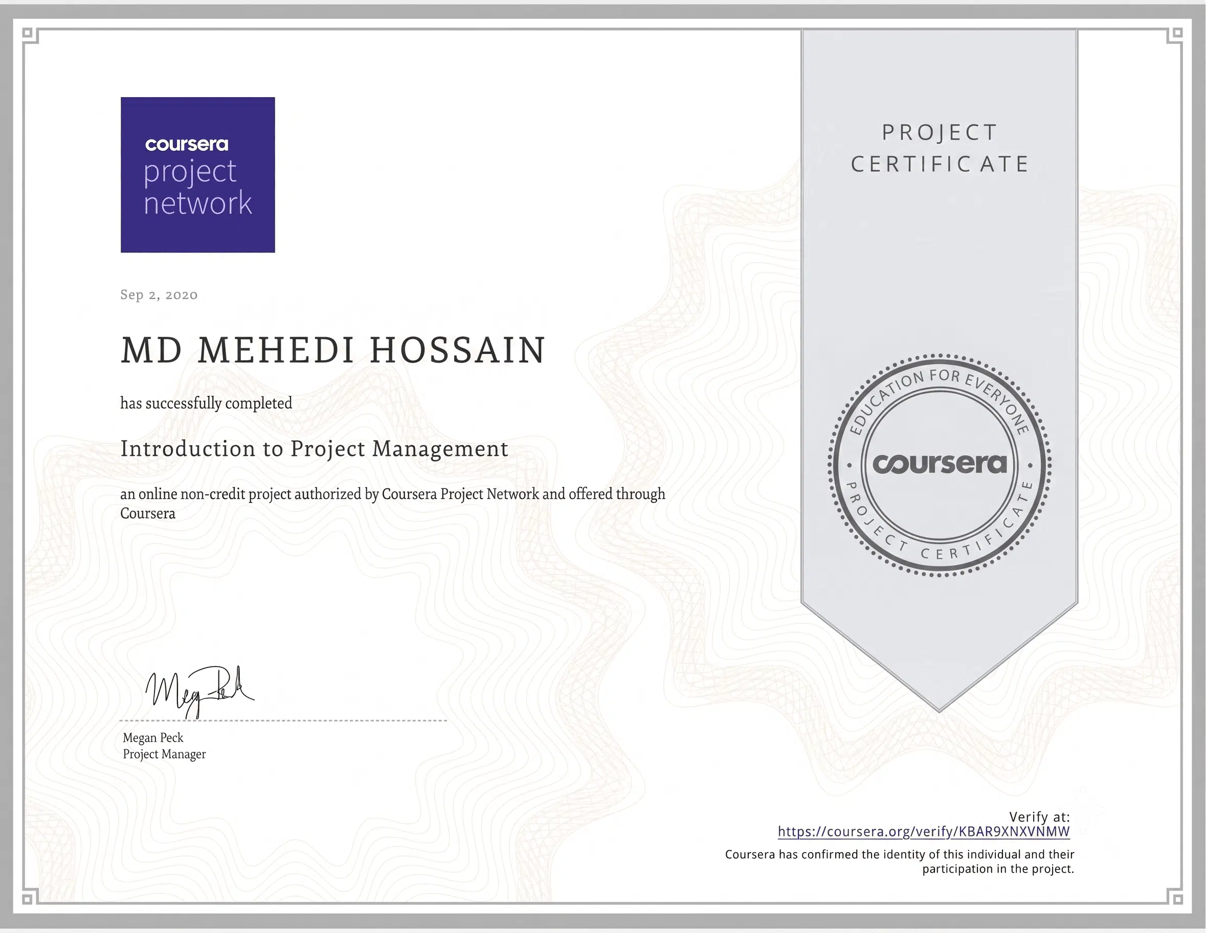 Coursera Project Network project certificate awarded to MD MEHEDI HOSSAIN on September 2, 2020, for successfully completing the "Introduction to Project Management" online project.