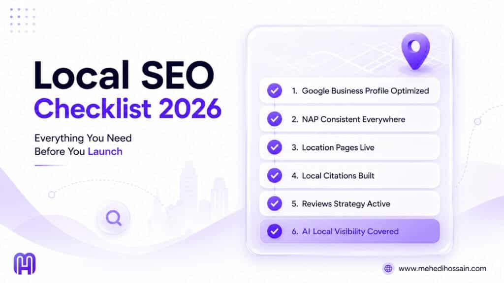Local SEO checklist 2026 complete guide by Mehedi Hossain covering Google Business Profile citations on-page and AI local search
