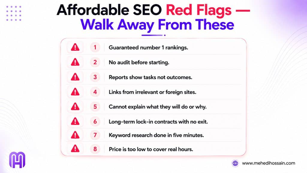 Red flags to watch for when evaluating affordable SEO services providers in 2026 showing warning signs before you hire