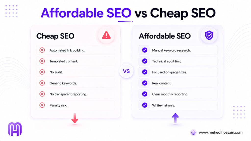 Comparison showing the difference between affordable SEO services and cheap SEO in 2026 including tactics risk level and outcomes