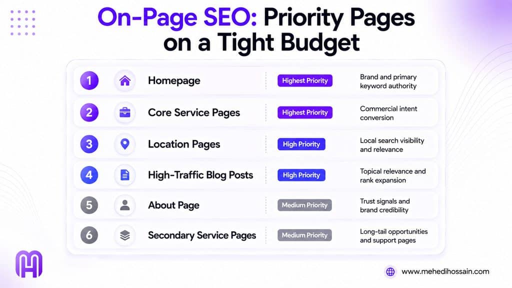 On-page SEO services showing which pages to prioritize first on an affordable SEO budget in 2026