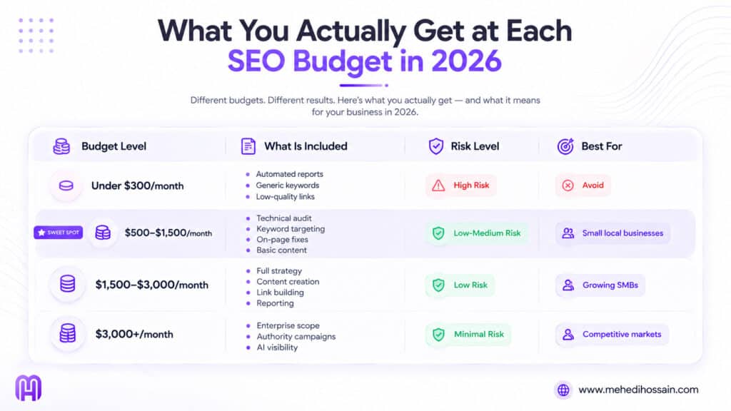 SEO pricing tiers 2026 comparison table showing what affordable SEO services include at each budget level from $300 to $3000 per month