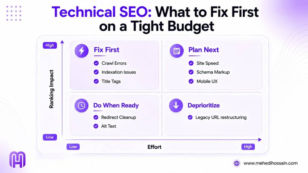 Technical SEO services priorities for an affordable budget in 2026 showing which fixes produce the most ranking impact